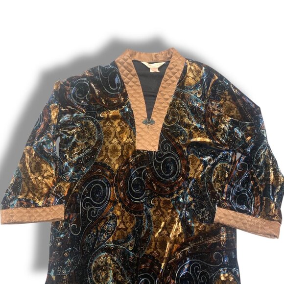 VTG Diamond Tea Loungewear Caftan Dress Velvet Quilted Blk Gold L Retro Atomic - Picture 5 of 11